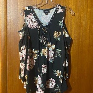 by & by Black Floral off the shoulder blouse with Pink and Yellow Accents